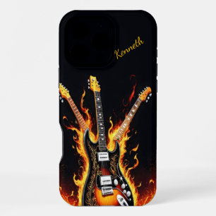 E-Gitarren stehen in Flammen bei Sonnenuntergang iPhone 16 Pro Max Hülle