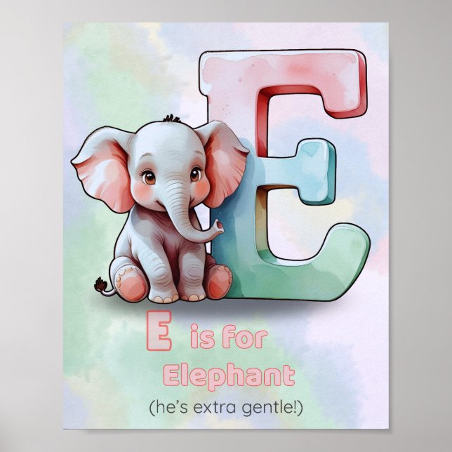 E is for Elephant - Niedlich Alphabet Animal Kinde Poster (Vorne)