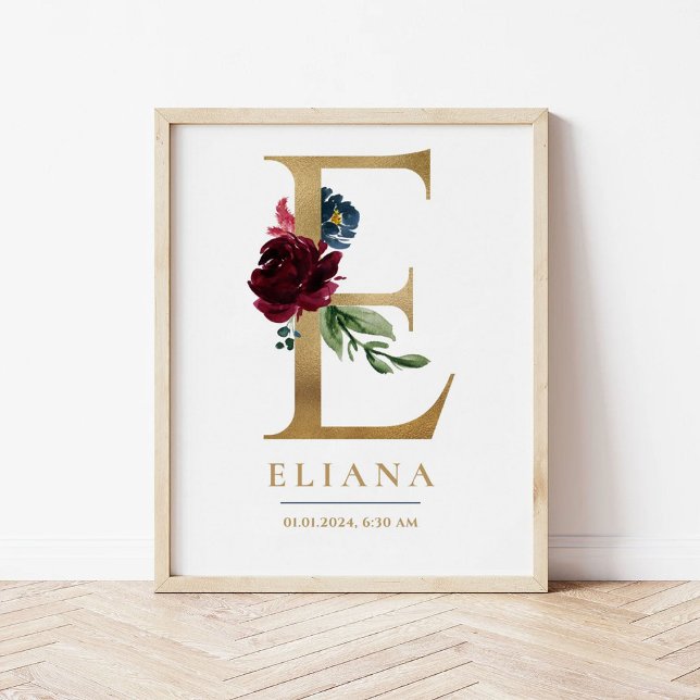 E Letter Monogram Name Marsala Floral Kinderzimmer Poster (Von Creator hochgeladen)