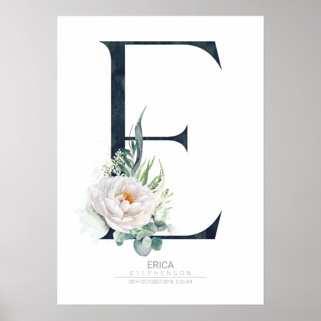 E Letter Monogram Weiße Blume und Grüne Poster (Vorne)