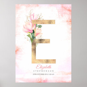 E Letter Monogramm Goldene Blätter Rosa Magnolie B Poster