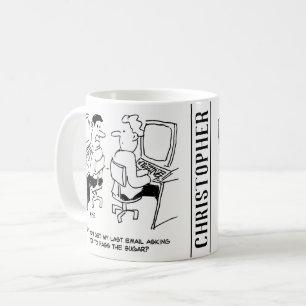 E-Mails des Computerbetreibers, die Zucker anforde Kaffeetasse