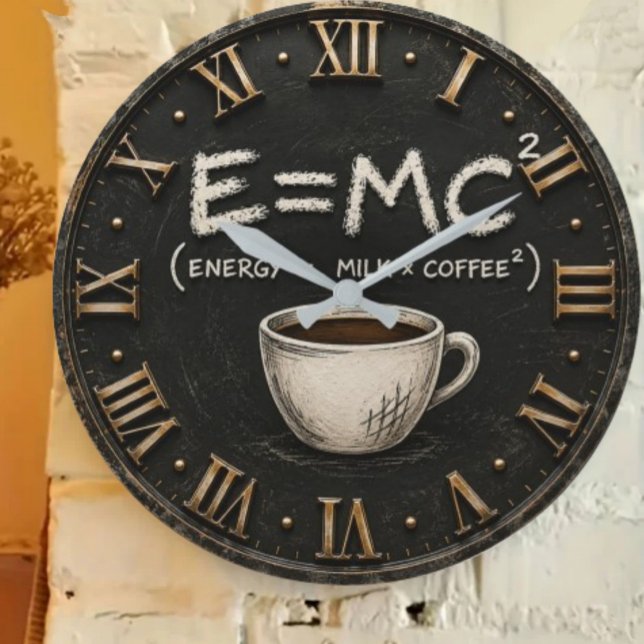 E = MC² Coffee Funny Science Coffee Lover Decor Große Wanduhr (Von Creator hochgeladen)