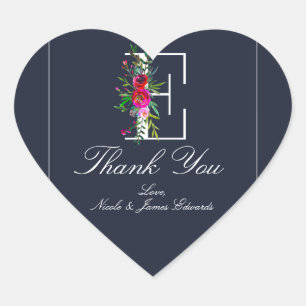 E Monogram Last Erstmals Modern Blue Floral Weddin Herz-Aufkleber