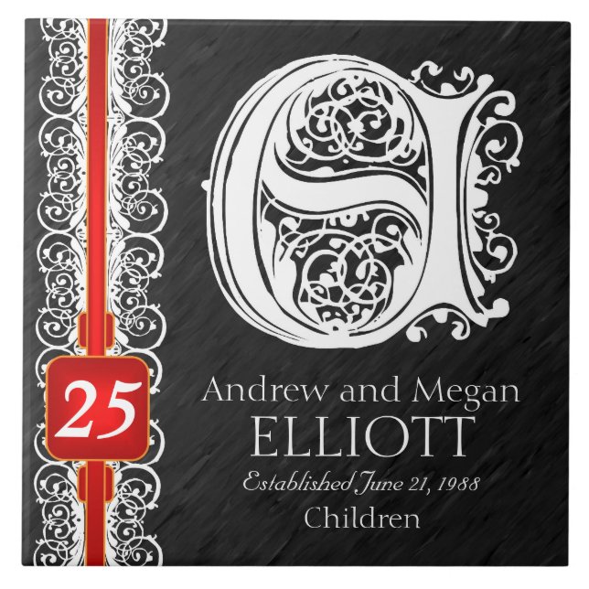 E Monogram "White Lace on Black" Anniversary Tile Fliese (Vorderseite)