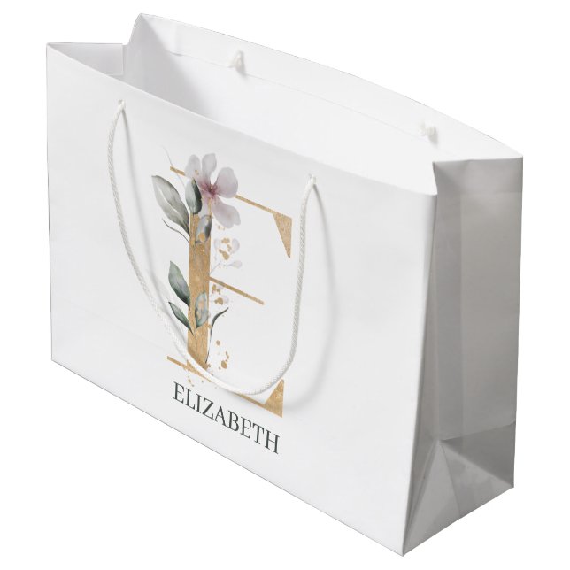E Monogramm Floral Personalisiert Große Geschenktüte (Rückseite Schrägansicht)