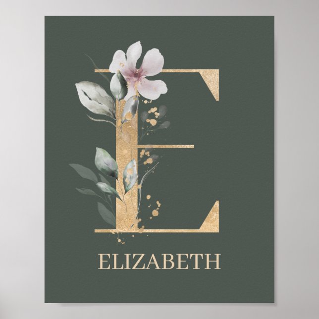 E Monogramm florales Personalisiertes Poster (Vorne)