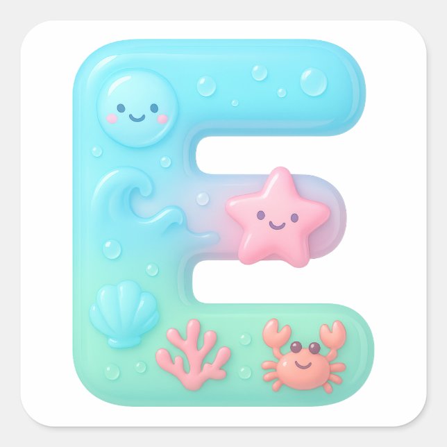 "E" Süßer Blasenbuchstabe - Unterwasser-Meereskrea Quadratischer Aufkleber (Vorderseite)