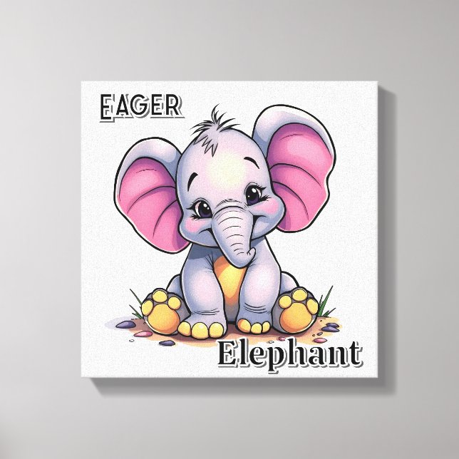 Eager Elephant | Niedlicher Cartoon Kids Kinderzim Leinwanddruck (Vorderseite)