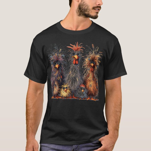 Eagerlys farbenfrohe Funny Funny Chicken Art T-Shirt (Vorderseite)