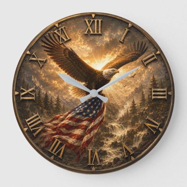 Eagle American Flag Patriotic Rustic Große Wanduhr (Vorderseite)