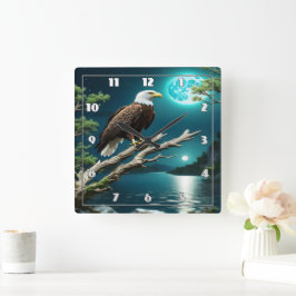 Eagle auf einer Abzweigung am Fluss Moonlit Quadratische Wanduhr