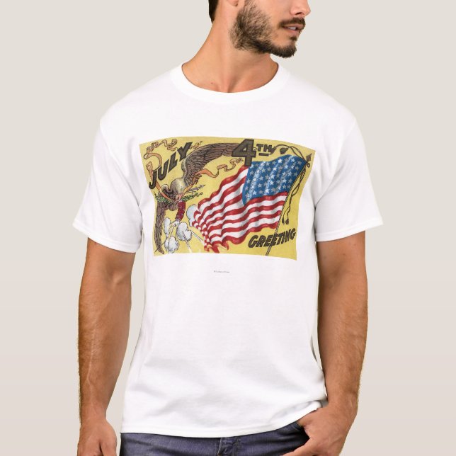 Eagle-Emblem, das Feuerwerke, Flagge hält T-Shirt (Vorderseite)