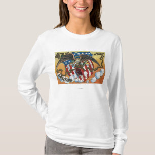 Eagle-Emblem, das Feuerwerke, Flagge-Schild hält T-Shirt