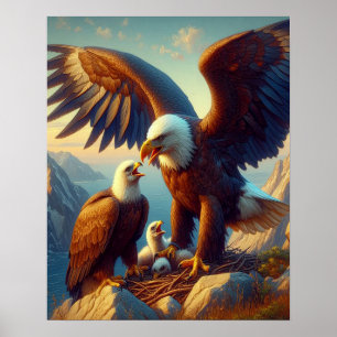 Eagle Familie nistet auf einer Klippe während 16x2 Poster