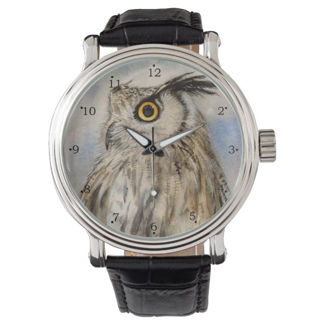 Eagle Owl Wildlife Wine Art Armbanduhr (Vorderseite)