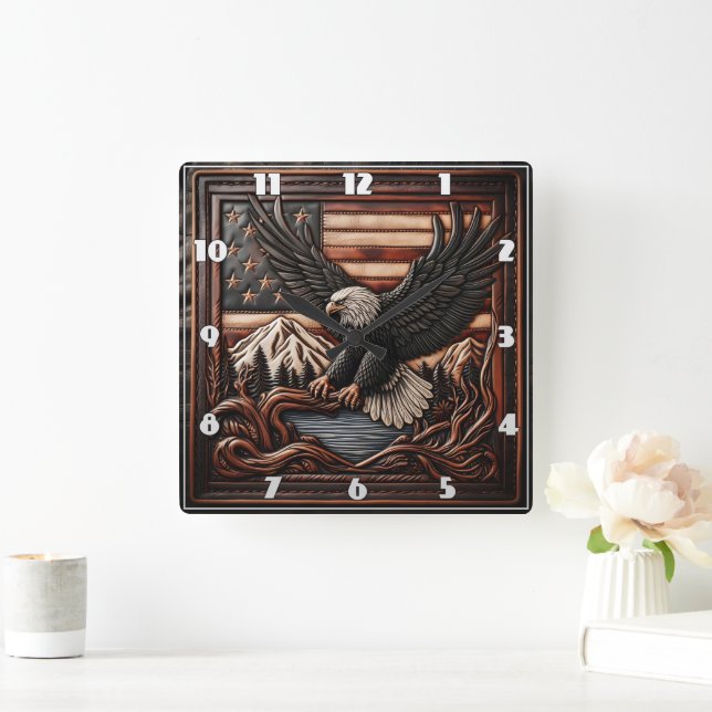 Eagle Relief Carving mit amerikanischem Flaggenhin Quadratische Wanduhr (Zuhause)