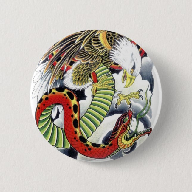 Eagle & Snake Japanisches Tattoo Design Button (Vorderseite)