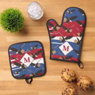 Eagle USA Patriotic American Flag Monogram Ofenhandschuh & Topflappen-Set