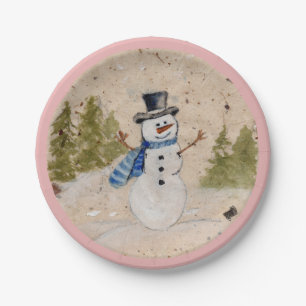 Early Winter SnowMan in Top Hat Waves Hallo Pappteller