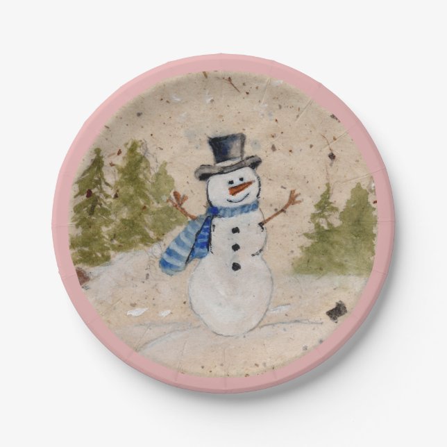 Early Winter SnowMan in Top Hat Waves Hallo Pappteller (Vorderseite)