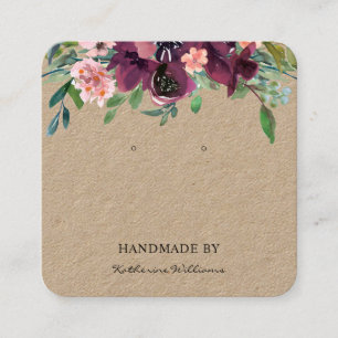 Earring Display Card Kraft Paper Burgundy Floral Quadratische Visitenkarte