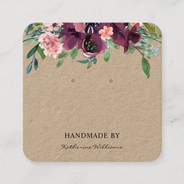 Earring Display Card | Kraft Paper Burgundy Floral Quadratische Visitenkarte (Vorderseite)