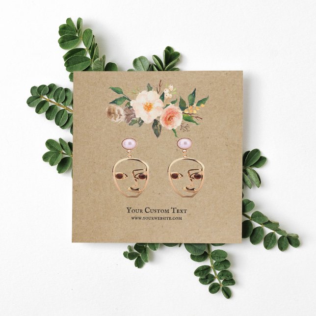Earring Jewelier Display Card ・ Boho Feather Flora Quadratische Visitenkarte (Von Creator hochgeladen)