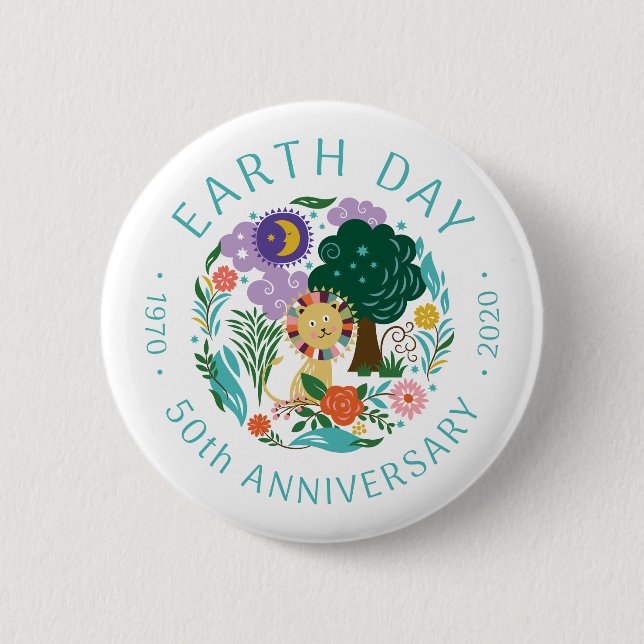 Earth Day 2020 50 Jahre Niedlicher Löwe und Natur Button (Vorderseite)