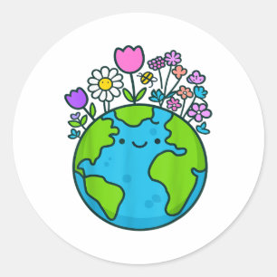 Earth Day 2025 Niedliche Erde mit Blumenmotiv Runder Aufkleber