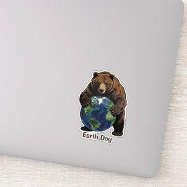 Earth Day Bear Hugging Planet Design Aufkleber