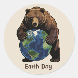 Earth Day Bear Hugging Planet Design Runder Aufkleber