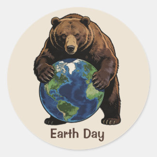 Earth Day Bear Hugging Planet Design Runder Aufkleber