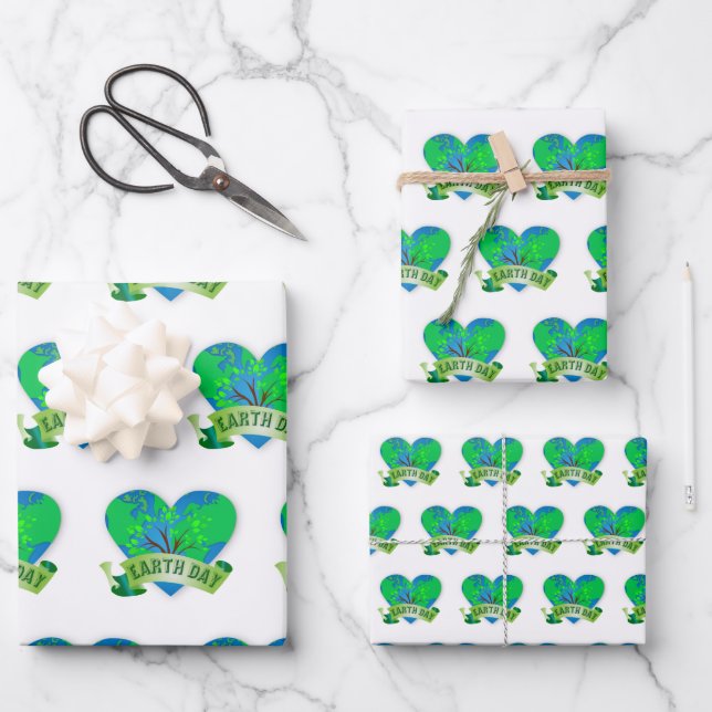 Earth Day Celebration Blue Green Heart Flat Geschenkpapier Set (Vorderseite)