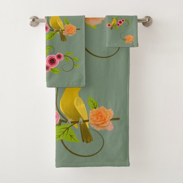 Earth Green - Bird & Yellow Rose Badhandtuch Set (Insitu)