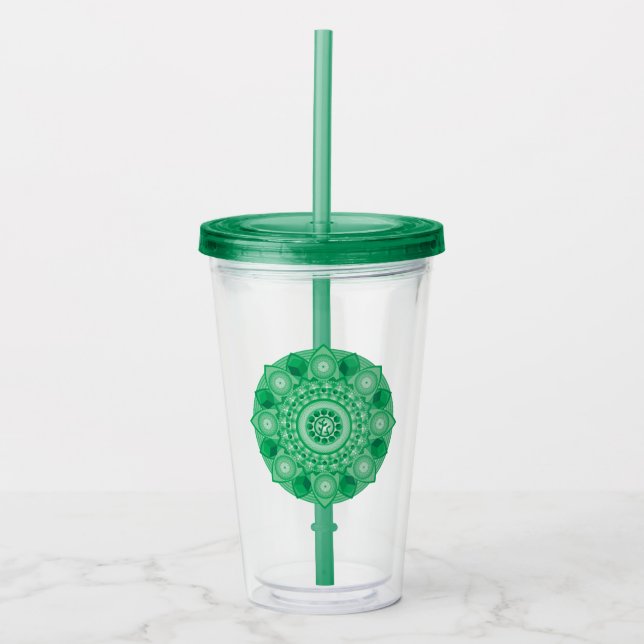 Earth Hexahedron Green Mandala Tumbler Acryltrinkbecher (Vorderseite)