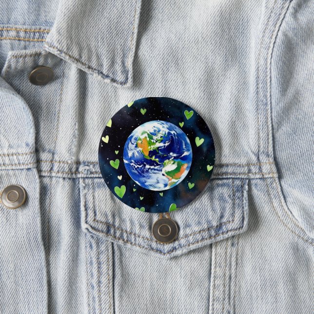 Earth Love Button - Planet with Green Hearts Pin (Beispiel)