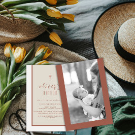 Earth Tone Modern Cross Christening Foto Taufe Einladung