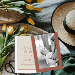 Earth Tone Modern Cross Christening Foto Taufe Einladung