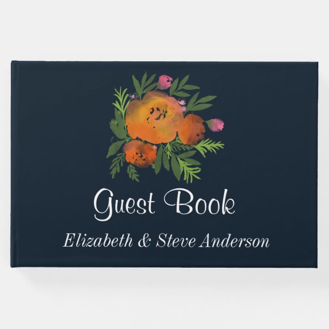 Earth Tones Burnt Orange Navy Floral Wedding Gästebuch (Vorderseite)