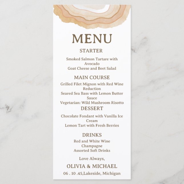 Earthy Abstract Watercolor Agate Wedding Menu Card Menükarte (Vorderseite)