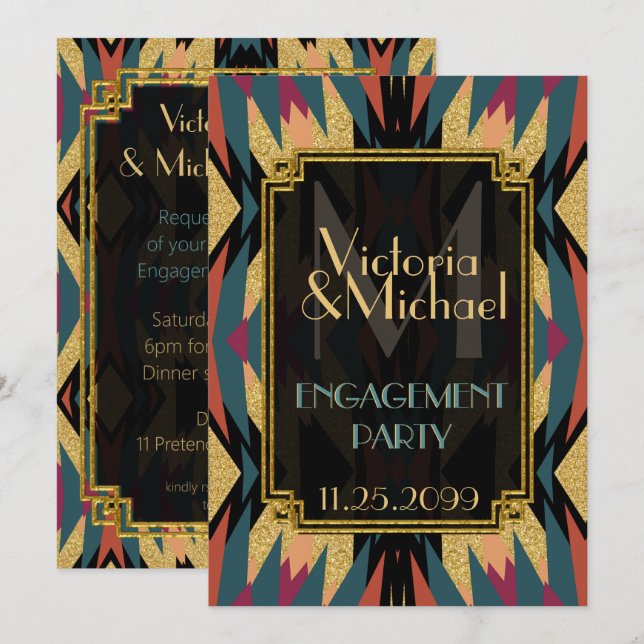 Earthy Aztec Modern Art Deco Engagement Party Einladung (Vorne/Hinten)
