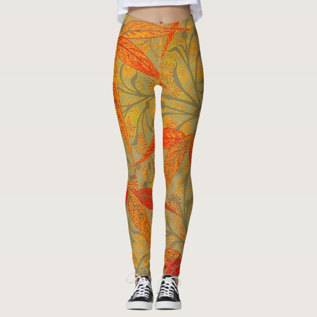 Earthy Bamboo Art Vintag Print Orange Leggings (Vorderseite)