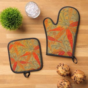 Earthy Bamboo Art Vintag Print Orange Ofenhandschuh & Topflappen-Set