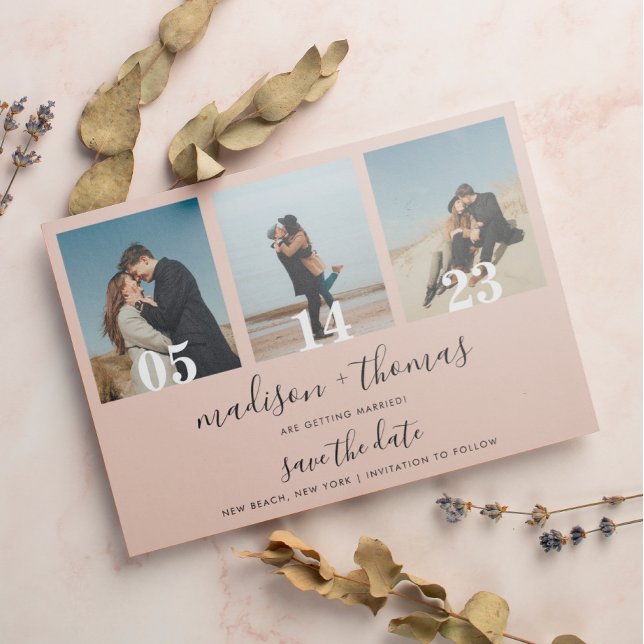 Earthy Beige Script 3 Foto Wedding Save the Date Magneteinladung (Von Creator hochgeladen)