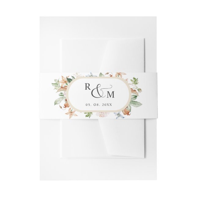 Earthy Blooms White Beige Oval Monogram Wedding Einladungsbanderole (Vorderseite Beispiel)