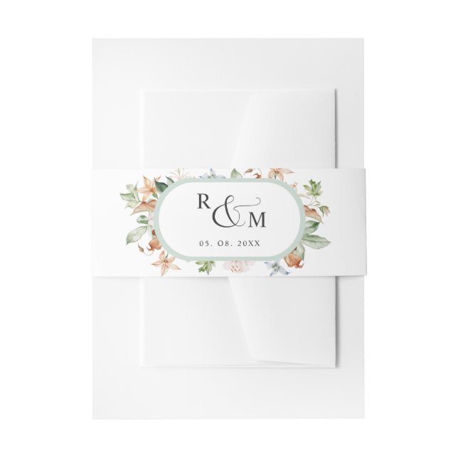 Earthy Blooms White Green Oval Monogram Wedding Einladungsbanderole (Vorderseite Beispiel)