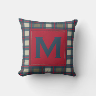 Earthy Blue Khaki Red Monogram Kariert Pillow Kissen