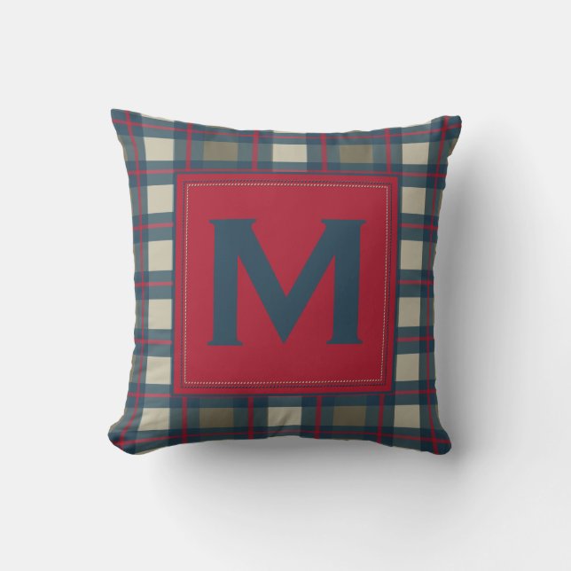 Earthy Blue Khaki Red Monogram Kariert Pillow Kissen (Vorderseite)