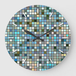 Earthy Blue Square Tiles Pattern Große Wanduhr